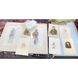 3 FRAMED PENCIL DRAWINGS & WATERCOLOUR OF HIGHLANDERS 37 X 27 CM, ETC,