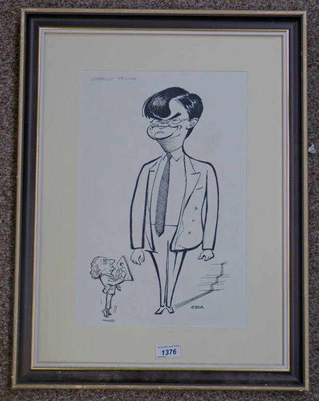 COIA GARRISON KEILLOR SIGNED FRAMED PEN AND INK CARICATURE 40 X 26CM