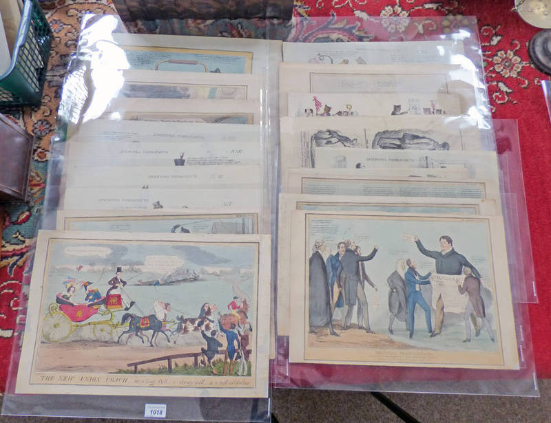 APPROX 18 COLOURED ENGRAVINGS CARICATURE OF THE TIMES SOME PUBLISHED BY SINCLAIR 10 W.