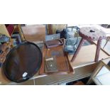 OVAL MAHOGANY TRAY LENGTH 67CM, 19TH CENTURY OAK BOX, 2 MAHOGANY & BRASS BOOK RESTS,