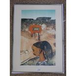 BARBARA ROBERTSON MOMBASA WALL SIGNED FRAMED LINOCUT 46 X 28 CM