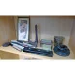 LACQUER BOX WITH VARIOUS CHOP STICKS, VARIOUS ORIENTAL FANS, FRAMED JAPANESE PICTURE OF BIRDS,