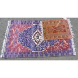 MIDDLE EASTERN RED AND BLUE RUG 140 X 83 CM AND 1 OTHER