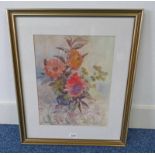 CHRISTINE PETERSON DAHLIAS ON AN EMBROIDERED CLOTH SIGNED FRAMED PASTEL 40 X 31 CM