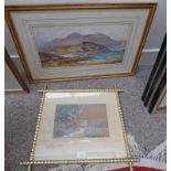 FRAMED WATERCOLOUR KYLE STROAN SIGNED W H DYCE - 25 X 47 CM & FRAMED GOUACHE FIGURES APPROACHING A