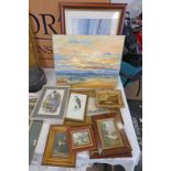 OIL PAINTING OF 18TH CITY SCENE IN GILT FRAME, PAIR OF ROSEWOOD FRAMED PICTURES,
