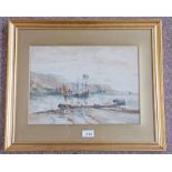 J MORRIS FISHING BOATS AT LOWTIDE SIGNED GILT FRAMED WATERCOLOUR 26 X 36 CM