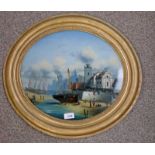 OVAL GILT FRAMED CONVEX DUTCH SCENE OIL PAINTING - 35 X 40 CM