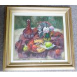 MARY ARMOUR - (ARR) STILL LIFE WITH FRUIT & RED FLASK SIGNED GILT FRAMED OIL ON CANVAS 45 X 49 CM