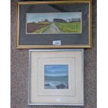 FRAMED WATERCOLOUR LANE BY LUNAN SIGNED BOB CARGILL & FRAMED GOUACHE SEASCAPE SIGNED GRAHAM