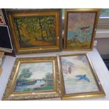 FOUR GILT FRAMED OIL PAINTINGS TO INCLUDE TWO M BRAMWELL AVIAN SCENE PICTURE TOGETHER WITH TWO E.H.