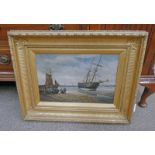 W WILSON, CONTINENTAL SHIPPING SCENE, SIGNED, GILT FRAMED OIL PAINTING, 34.