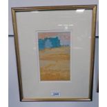IRENE HALLIDAY RSW YELLOW FIELDS SIGNED LABEL TO REVERSE FRAMED GOUACHE 20 X 12 CM