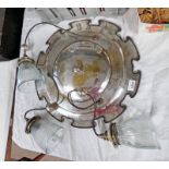 ARTS & CRAFTS STYLE CENTRE LIGHT FITTING WITH SILVER PLATED CENTRE SCONCE AND 3 GLASS SHADES 46CM