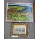 GILT FRAMED OIL PAINTING BOATS AT ANCHOR SIGNED G SCOTT - 19 X 29 CM & FRAMED OIL PAINTING FARM