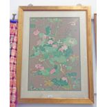 EASTERN FRAMED PICTURE OF FLOWERS & BIRDS ON CLOTH 69 X 47 CMS