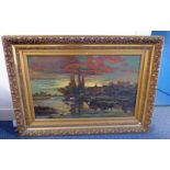 GILT FRAMED OIL PAINTING 19TH CENTURY COUNTRY SCENE WITH FERRY - 55 X 90 CM