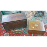 19TH CENTURY MAHOGANY BOX WITH 3 SECTION INTERIOR & DECORATIVE BOXWOOD INLAY & 19TH CENTURY WALNUT