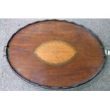 OVAL 19TH CENTURY MAHOGANY TRAY WITH BOXWOOD DECORATION,