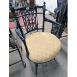 LATE 19TH EARLY 20TH CENTURY EBONISED ARMCHAIR WITH OVERSTUFFED SEAT