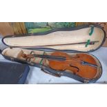VIOLIN WITH ONE PIECE BACK AND STAMPED W DUKE LENGTH INCLUDING BUTTON 35.