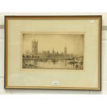 FRAMED ETCHING HOUSES OF PARLIAMENT SIGNED ALFRED J BENNETT - 20 X 35 CMS