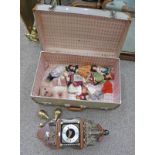 MAHOGANY & BRASS WALL CLOCK SUITCASE WITH VARIOUS TOY DOLLS,