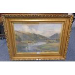 J KINNEAR SCOTTISH HIGHLAND SCENE WITH RIVER SIGNED GILT FRAMED WATERCOLOUR 44 X 64 CM