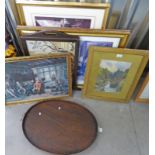 OVAL MAHOGANY TRAY WITH BRASS HANDLES, LENGTH 67CM, MAHOGANY FIRE SCREEN, 3 GILT FRAMED PRINTS,