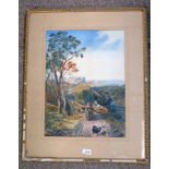 ITALIAN 19TH CENTURY COUNTRY SCENE WITH WOMEN & GOATS GILT FRAMED WATERCOLOUR 49 X 36 CM