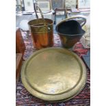 LARGE BRASS PLAQUES, LARGE BRASS TRAY MARKED AIKENA:AMADU:KANO 58CM DIAMETER, BRASS HELMET,