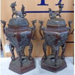 PAIR OF ORIENTAL BRONZE KORO DECORATED WITH DRAGON HANDLE & BLOSSOM,