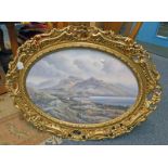 GILT FRAMED OVAL PRINT OF SCOTTISH HIGHLAND SCENE - 48 X 68 CM