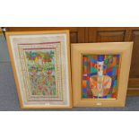 FRAMED GOUACHE FIGURES & PALM TREES,