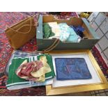 REAL LEATHER HANDBAG MADE BY EROS, GILT FRAMED TEXTILE PICTURE, PICTURE OF COCKERELS,