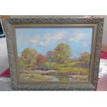 J D HENDERSON CHILDREN PLAYING BESIDE RIVER SIGNED GILT FRAMED OIL PAINTING 44 X 60 CM