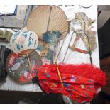 EASTERN SHADOW PUPPET, VARIOUS EASTERN FANS & FEATHER STICK,