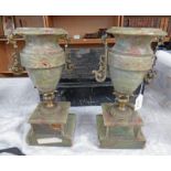PAIR OF 19TH CENTURY GREEN HARDSTONE URNS WITH BRASS MOUNTS ON SQUARE BASES,