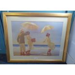 AFTER JACK VETTRIANO FIGURES ON THE BEACH GILT FRAMED PRINT 46 X 64 CM