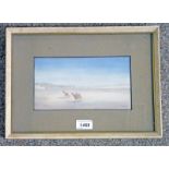 FRAMED GOUACHE CAMELS APPROACHING OASIS IN THE DESERT SIGNED IAMRACK 12.