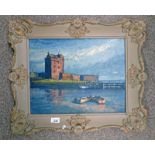 A HUGH WATSON POSSIBLY BROUGHTY FERRY CASTLE SIGNED FRAMED OIL PAINTING 34 X 44 CM