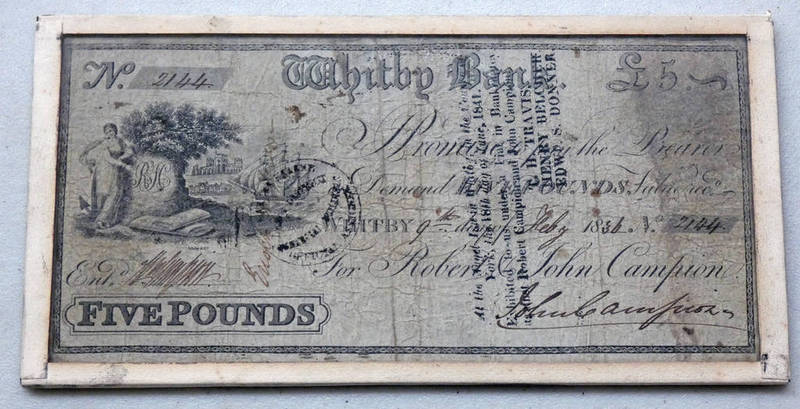 1836 WHITBY BANK £5 BANKNOTE SEALED IN GLASS FRAME