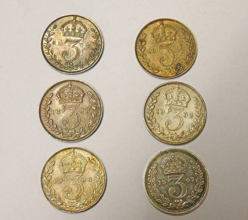 SELECTION OF 6 MAUNDY THREEPENCES TO INCLUDE: 1898, 1902, 1906, 1907,