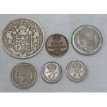 SELECTION OF UK COINAGE TO INCLUDE 1826 GEORGE IV HALFCROWN, 1887 VICTORIA SIXPENCE,