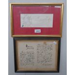 FRAMED QUEEN VICTORIA SEAL AND LETTER BOTH BEARING SIGNATURE Condition Report: Lot