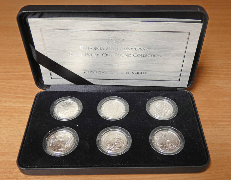 2007 BRITANNIA 20TH ANNIVERSARY SILVER PROOF ONE POUND COLLECTION, IN CASE OF ISSUE WITH C.O.