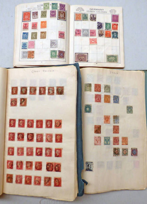 3 STAMP ALBUMS TO INCLUDE HOMEMADE ALBUM WITH LARGE NUMBER OF 1D REDS, 2D BLUE'S,