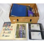 GOOD SELECTION OF MINT AND USED STAMPS AND FIRST DAY COVERS TO INCLUDE ALBUMS, COIN COVERS,