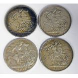 4 VICTORIA SILVER CROWN COINS TO INCLUDE 1888, 1890,