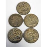 5 VICTORIA SILVER CROWN COINS TO INCLUDE 1847, 1889,